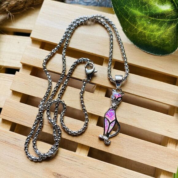 Sterling Silver Pink Opal Cat Pendant on Stainless Steel Rounded Box Chain - Picture 1 of 4